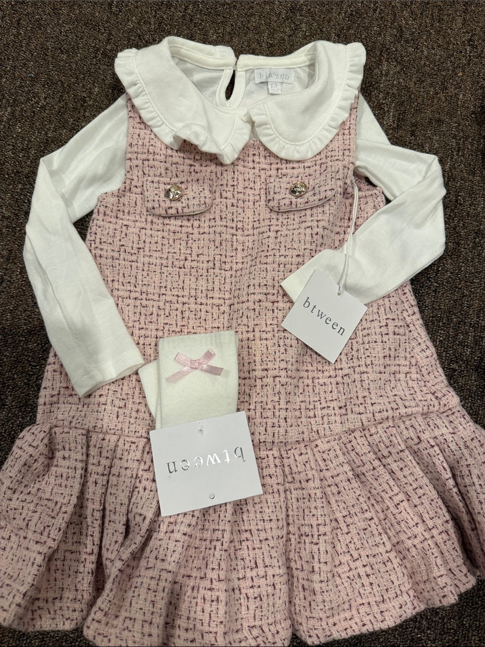 btween Pink Tweed Ruffle Dress with White Collared Top